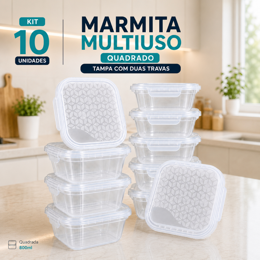 Kit 10 Marmitas Quadradas com Travas 800ml BPAFREE Pote Plástico Freezer Microondas Fitness Refeição Alimento