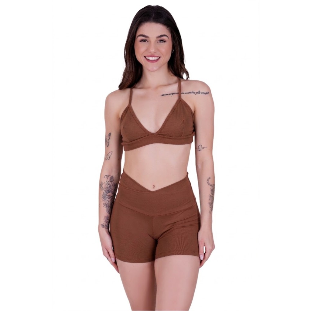 Conjunto Fitness Academia Feminino Short Legging Curto e Top Alcinha Cruzada
