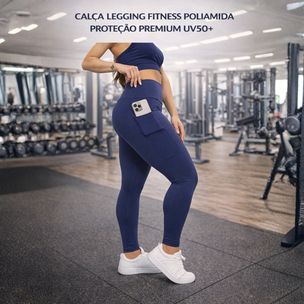 Calça Legging Fitness Poliamida Proteção Premium UV50+ Bolso Funcional Zero Transparência Academia