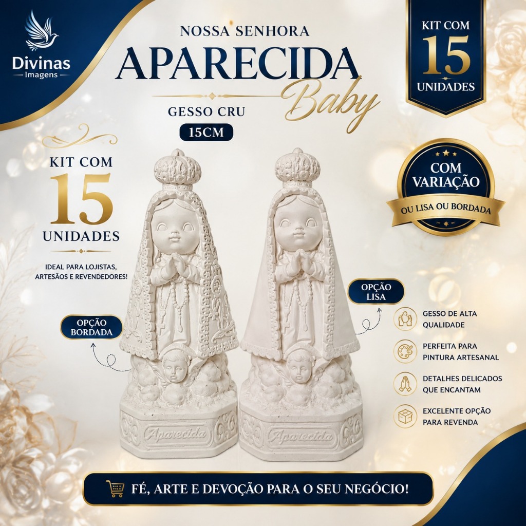 15 Imagens Nossa Senhora Aparecida Baby 14cm Gesso Cru Retocado para Pintura Artesanal