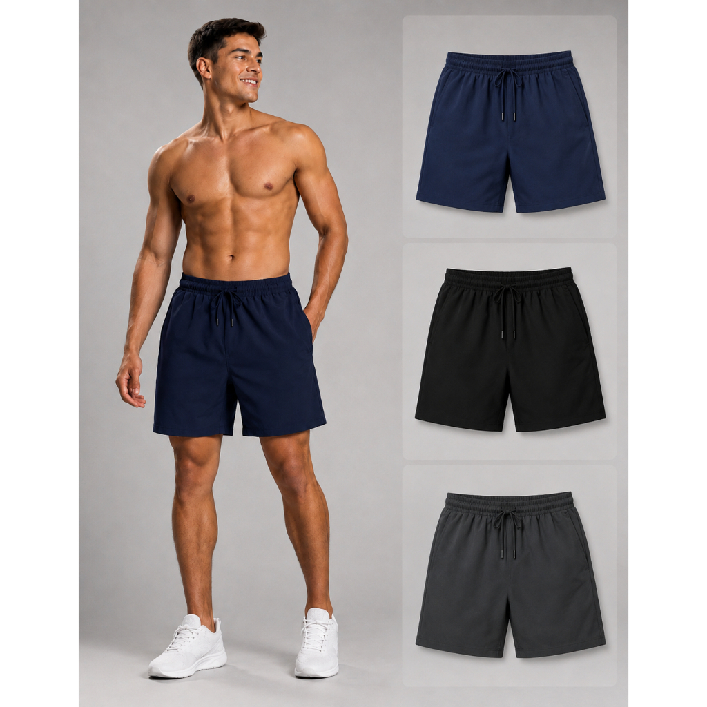 Kit 3 Short Bermudas Masculinas Tactel com Elastano 2 Bolsos Cós Elástico Cordão Academia Praia P ao GG
