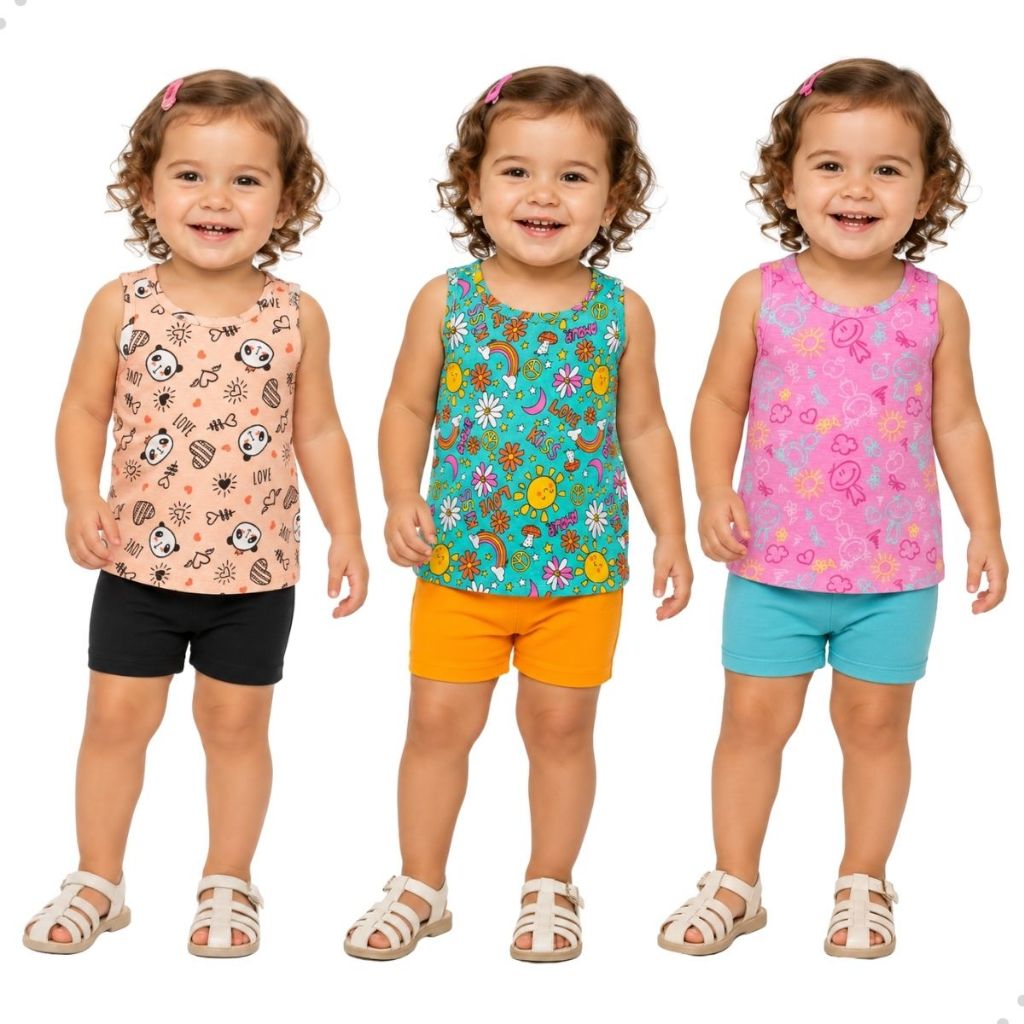 Conjunto Roupa Infantil Menina Estampas Diversas Cor Blusa Shorts Regata Bata Legging Verão Ciclista