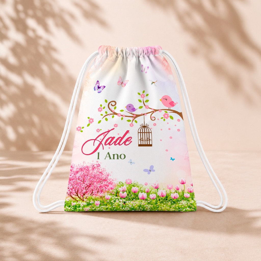 10 Mochila Personalizada 18x26 Sacolinhas Festa Aniversário Lembrancinha Jardim Encantado Rosa