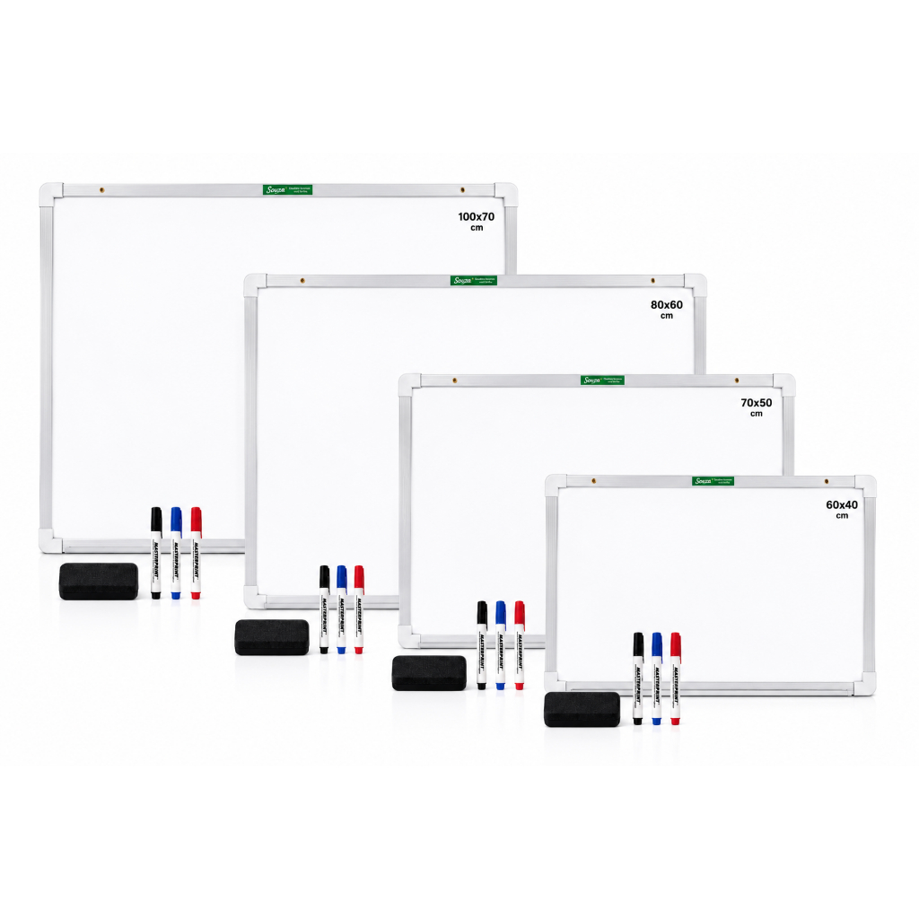 Quadro Lousa Branco Escolar Trabalho MDF Aluminizado Premium + Apagador e 3 Marcadores