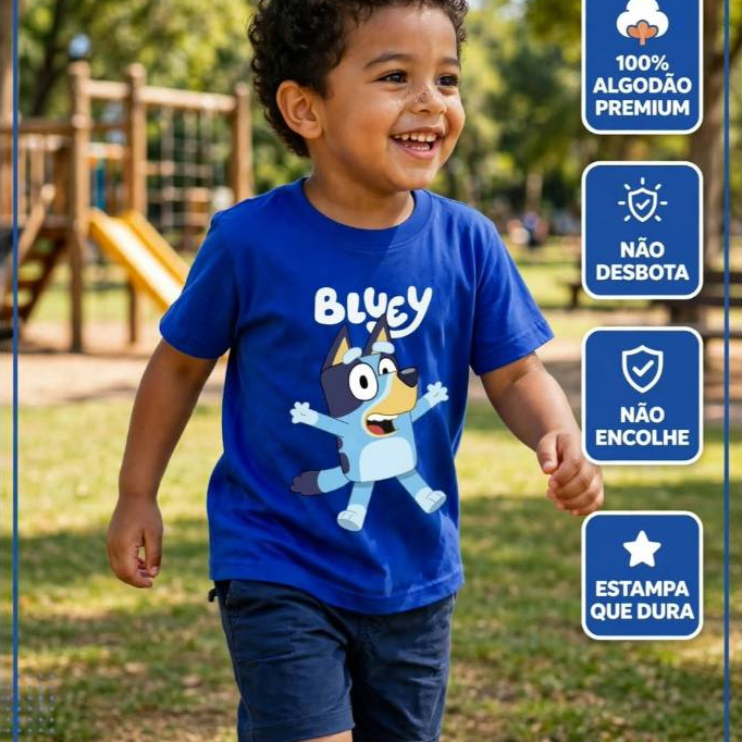 Camiseta Infantil Bluey Estampada – Camisa Divertida Unissex, 100% Algodão, Confortável e Estilosa