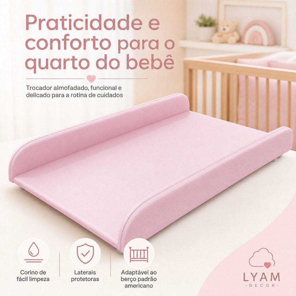 Trocador de Fraldas Almofadado para Berço Corino Rosa P02 - Lyam Decor