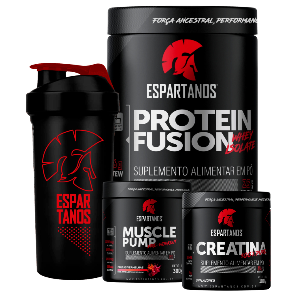 Kit Whey Protein Isolado Fusion + Pré Treino Muscle Pump + Creatina Pura + Shaker - Espartanos