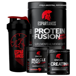 Kit Whey Protein Isolado Fusion + Pré Treino Muscle Pump + Creatina Pura + Shaker - Espartanos