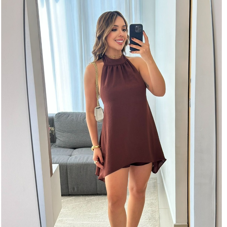 Conjunto Curto Soltinho Elegante Feminino em Duna Gola Alta Verão Moda Casual Leve Confortável