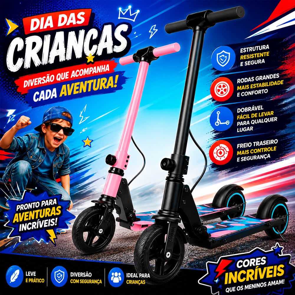 Patinete Elétrico Infantil Dobrável 150W 6,5" Polegadas Scooter com Autonomia 4 Horas LED Colorido