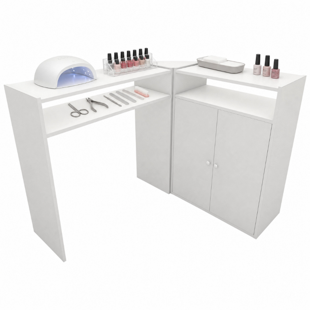Mesa Manicure Em L Para Salão De Beleza Nichos Spa Designer Moderno Kit Prateleira Grande Unhas