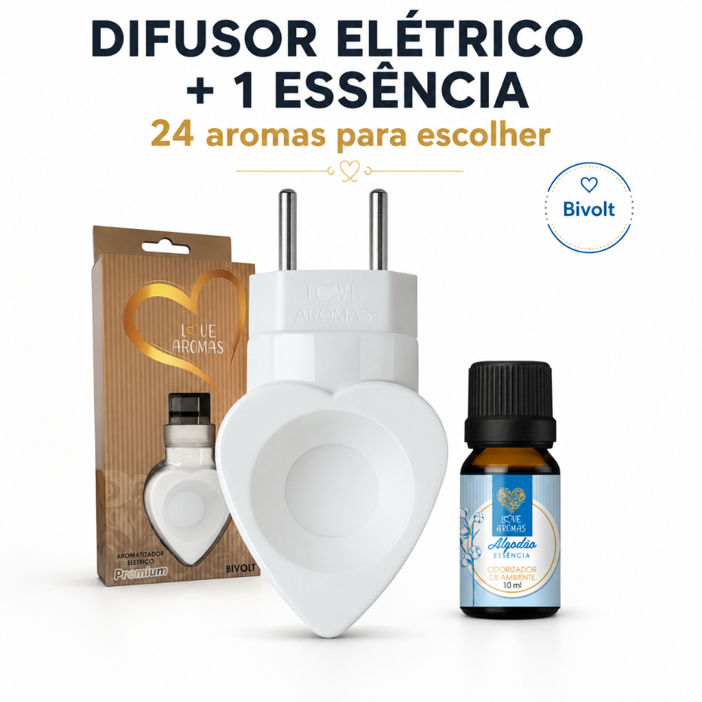 Imagem Difusor Elétrico Bivolt de Ambiente Cor Branco + 1 Essência Aromática 10ml Love Aromas