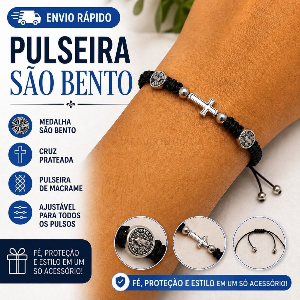 Kit 1/2 Pulseira Macramê Preta São Bento e Cruz Prateado Ajustável