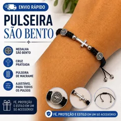 Kit 1/2 Pulseira Macramê Preta São Bento e Cruz Prateado Ajustável
