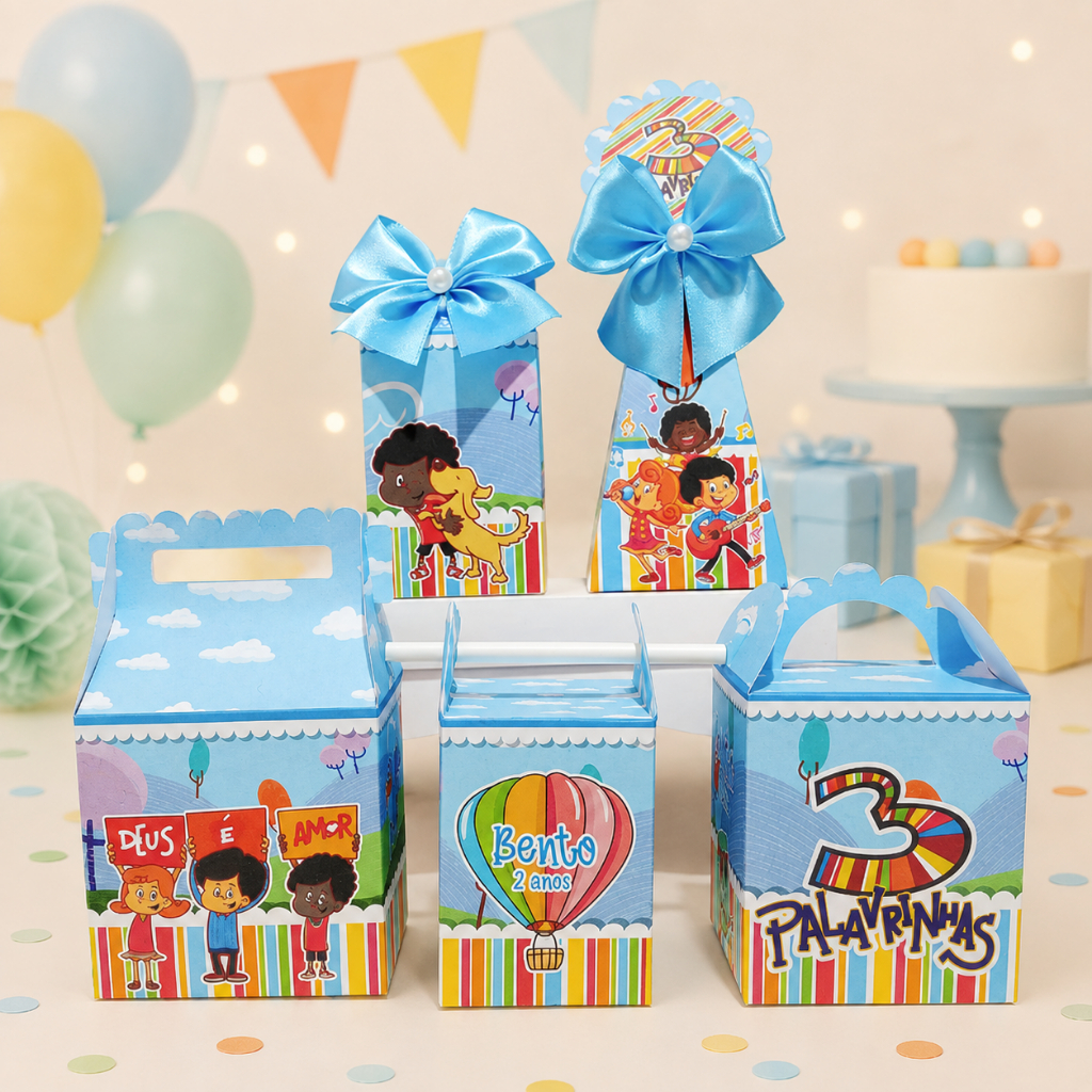 PEGUE E MONTE - Kit Festa Personalizados 3 Palavrinhas Azul Menino  Lembrancinhas Caixinhas para festa