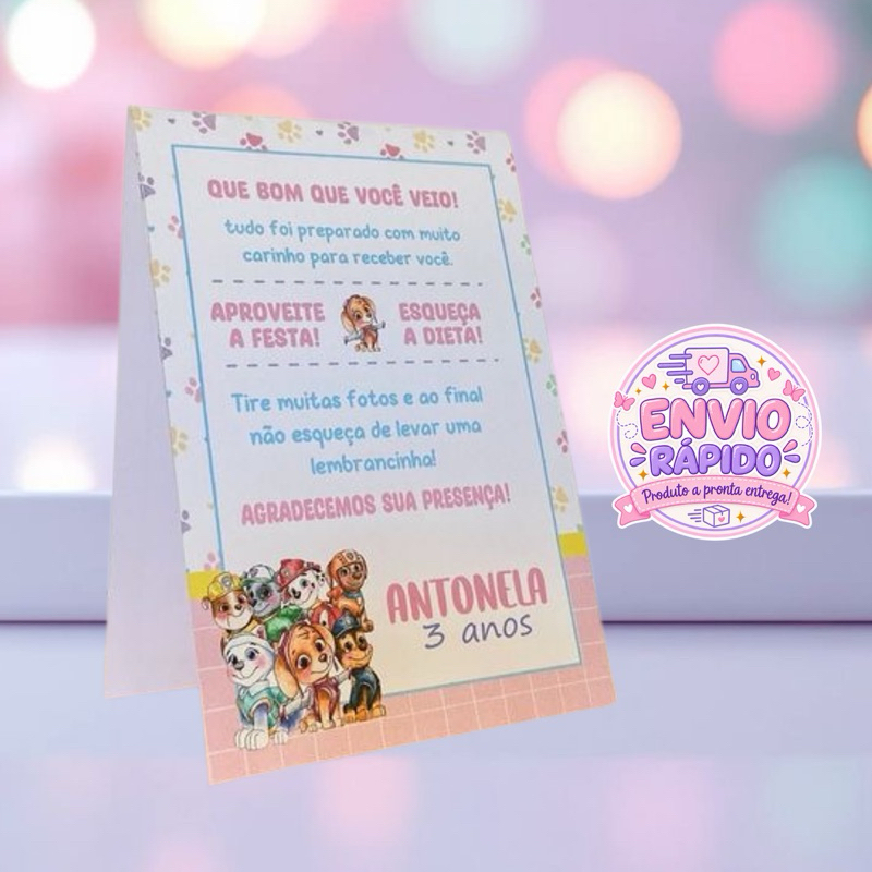 Plaquinha de Mesa Personalizada Patrulha Canina – Aniversário Infantil – Decoração de Festa