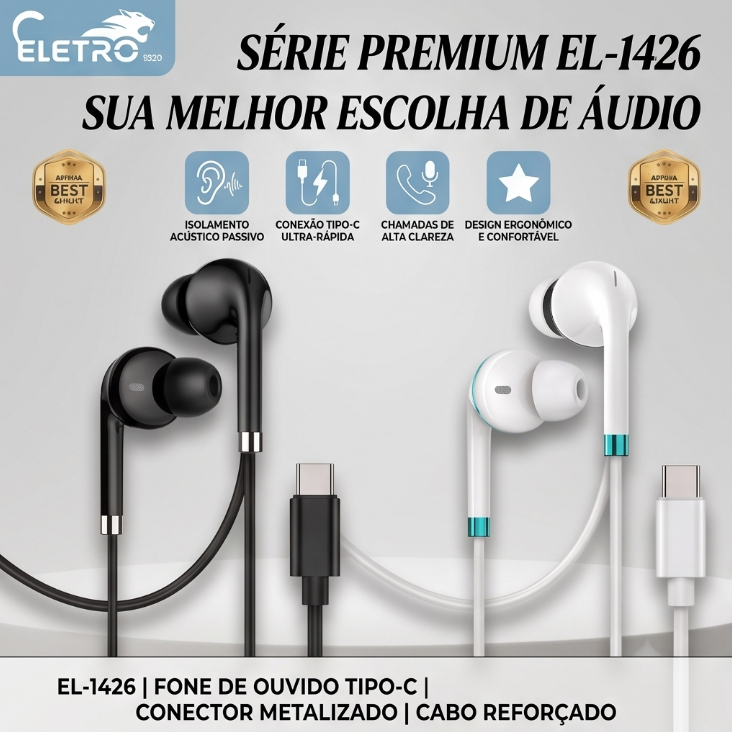 Fone de Ouvido Tipo C com Fio EL-1426 Estéreo Microfone para Celular Smartphone Música Vídeo Chamada Confortável