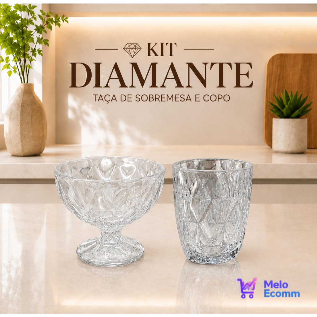 JOGO 6 COPOS DIAMANTE 300 ML E TAÇA DE SOBREMESA / VIDRO RESISTENTE DRINK VINHO SUCO NATURAL ALTO RELEVO