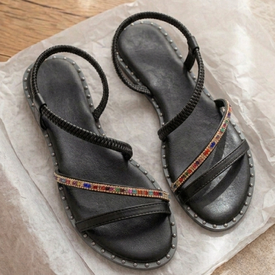 Sandália Feminina Rasteirinha Rasteira com Tiras Strass Colorido Sola Leve Casual Confortável Delicada