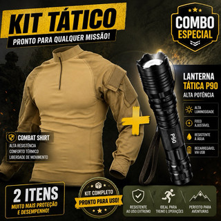 Kit Tático Combat Shirt + Lanterna P90 Tática Alta Potência Camisa Militar Manga Longa