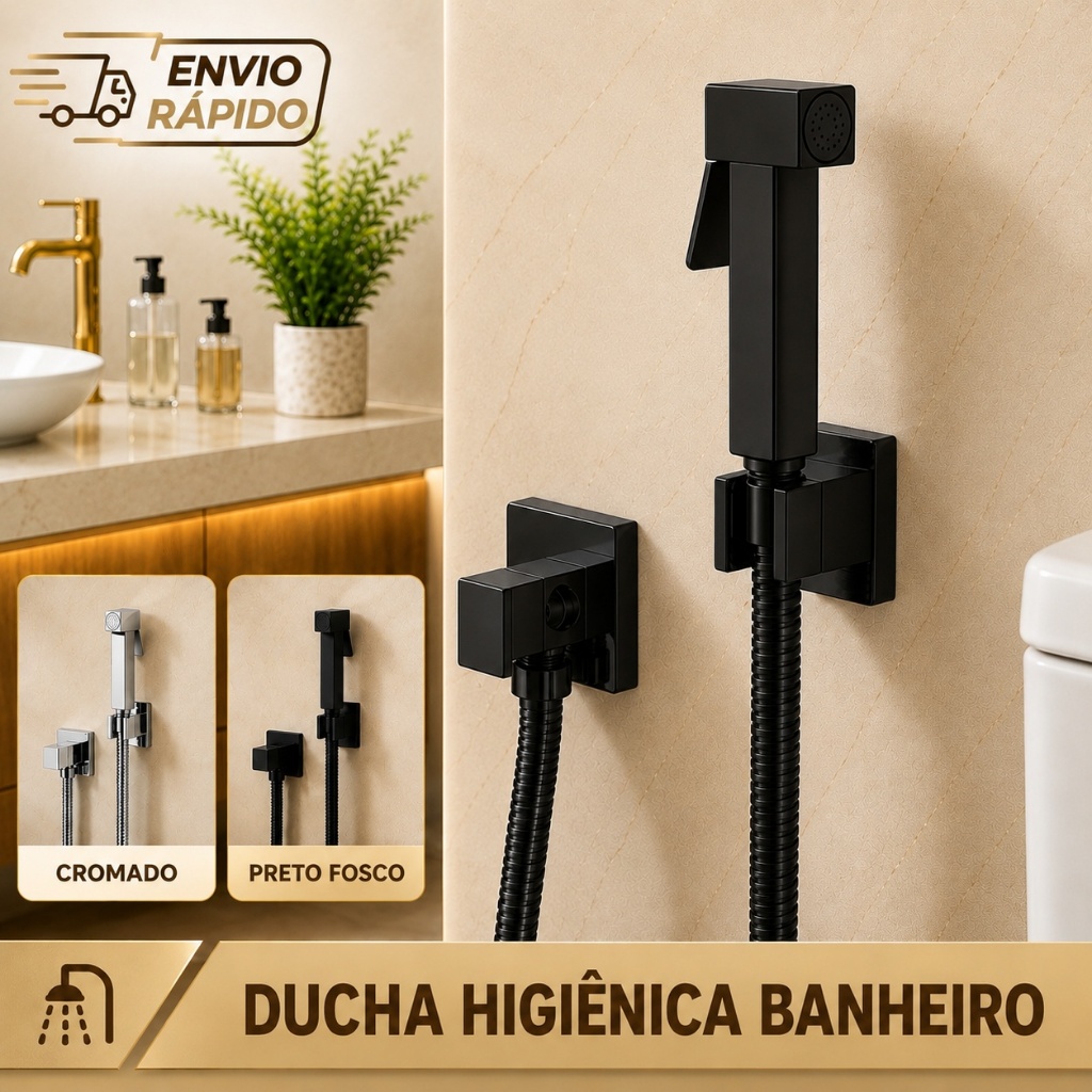 Ducha Higiênica  Quadrada Preta  Metal Inox Chuveirinho Intima Banheiro Luxo
