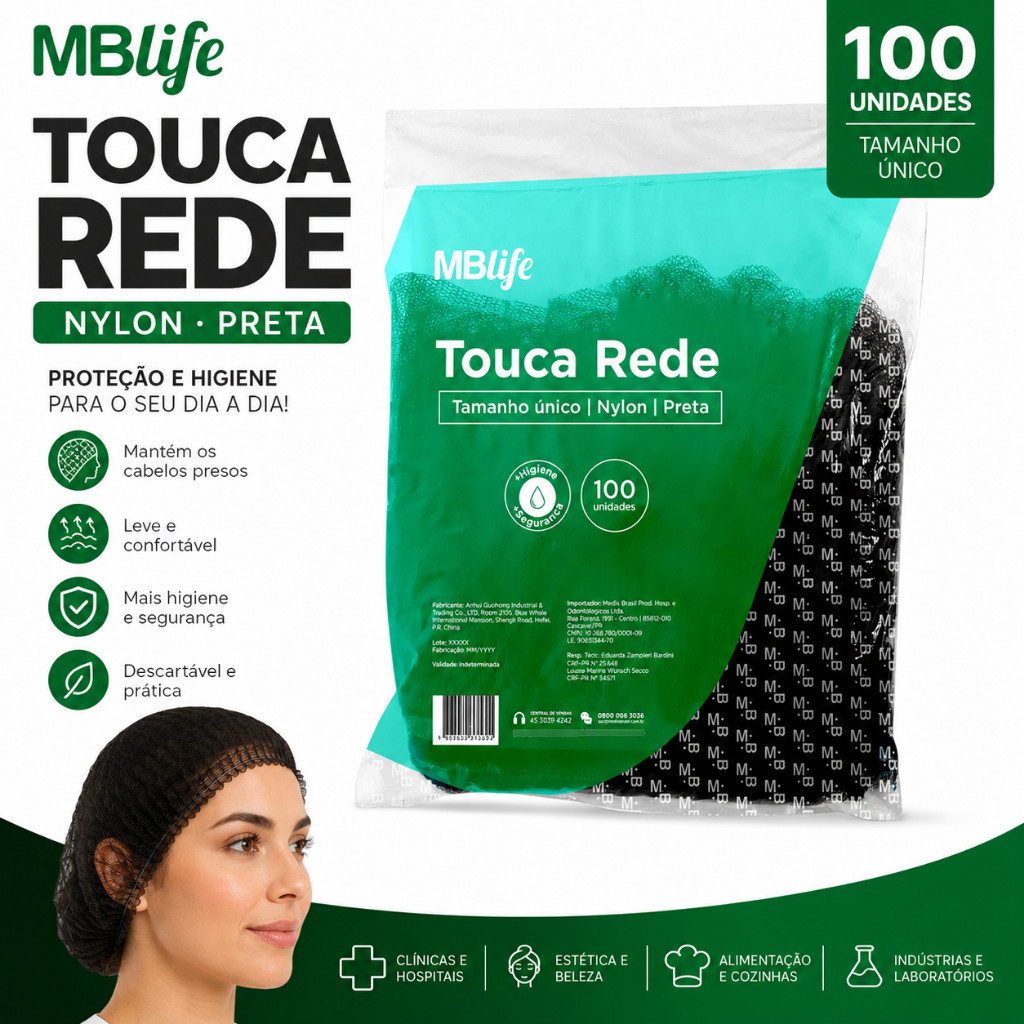 Touca Preta Para Cabelo Rede Redinha Descartável 100unidades