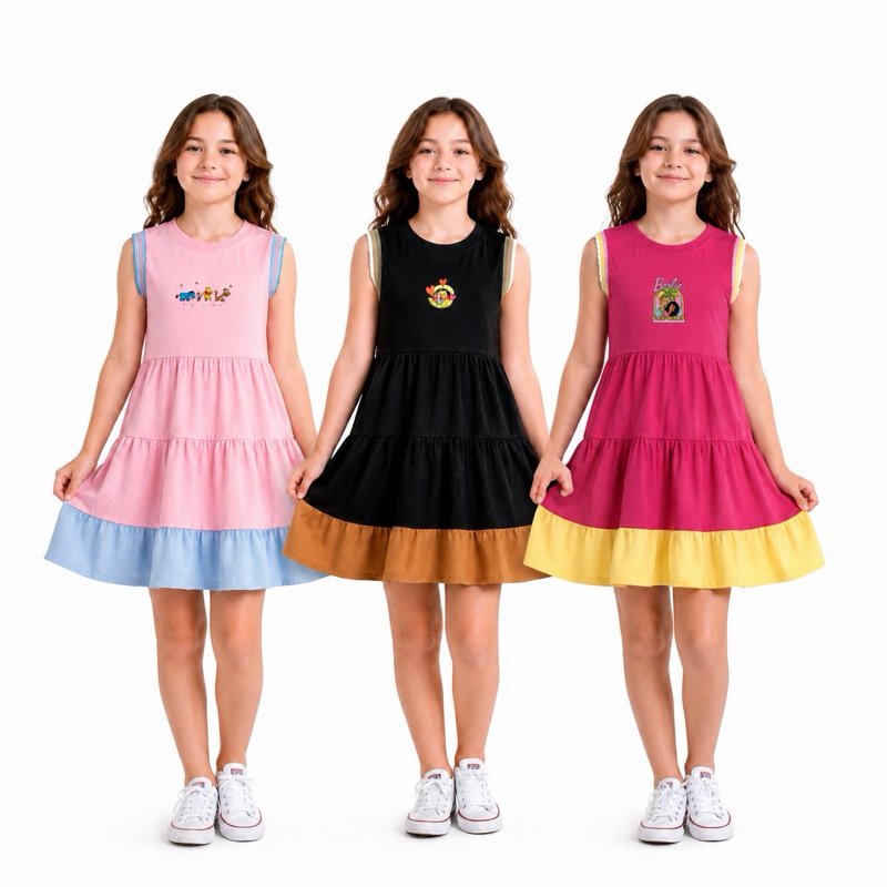Kit 2 Vestidos Sortidos Infantil de Algodão Menina Confortavel Verão Regata Soltinho Rodado Tamanho 4 ao 8 Anos
