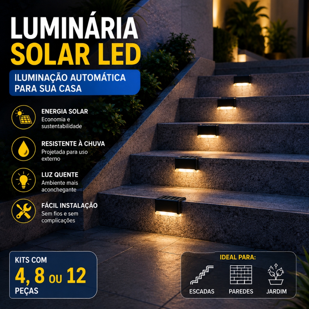 Kit 4/8/12 Luminárias Solares LED para Parede Escada Jardim e Muro Luz Branca Quente À Prova d'Água