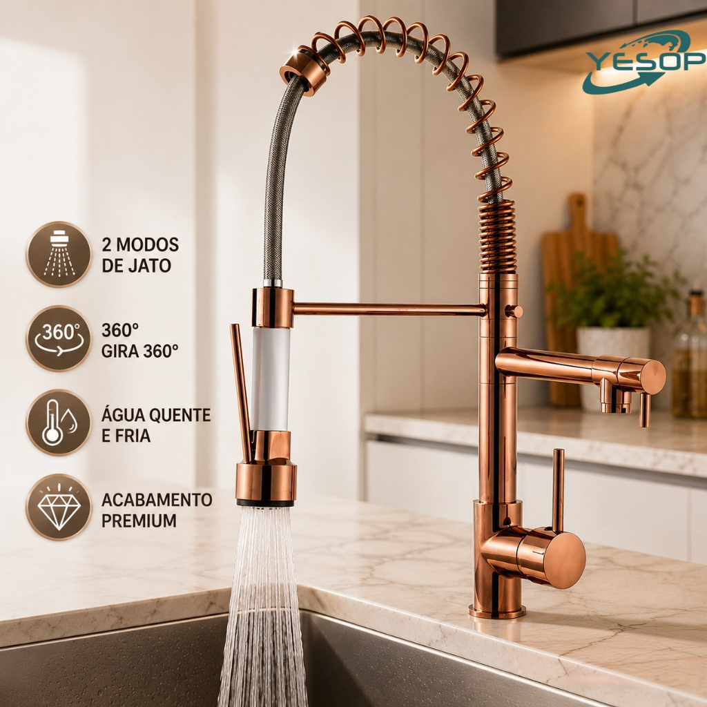 Torneira Cozinha Gourmet Rose Gold Luxo Misturador Monocomando Flexível de Mesa Inox Yesop