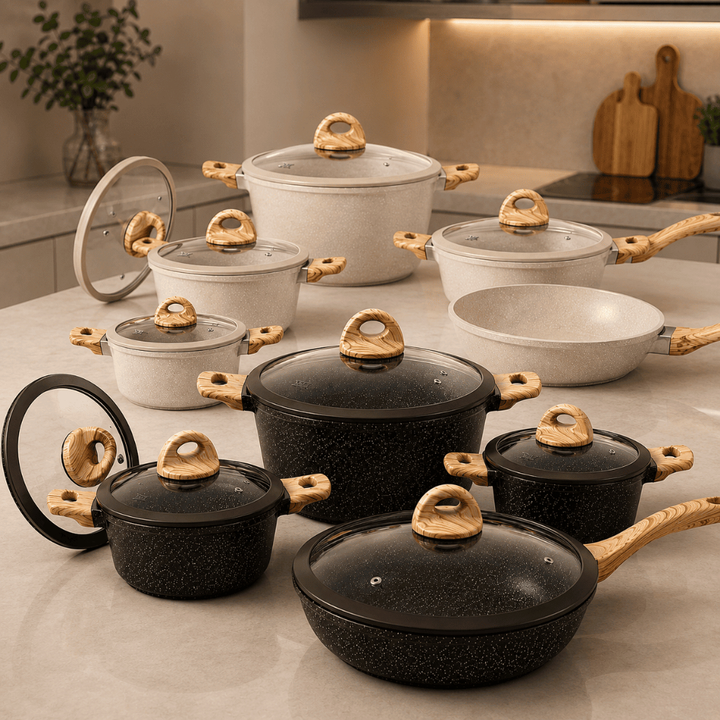 Jogo de Panelas Granito 10 Peças com Revestimento Cerâmico Kit de Panelas e Frigideiras para Cozinha Preto ou Branco