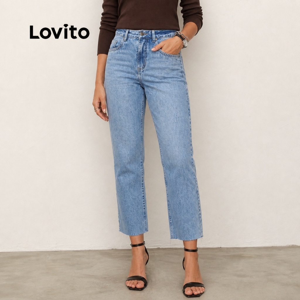 Lovito Calça Jeans Cintura Média 100% Algodão Feminina Modelagem Reta JNB19872017