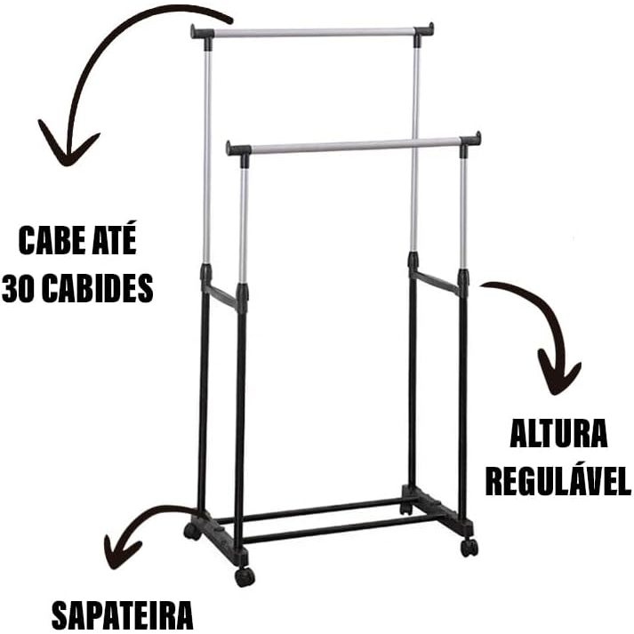 Cabideiro Duplo Ajustável c Sapateira e Rodinhas Arara de Roupas em Aço Preto Resistente Multiuso Closet Lavanderia