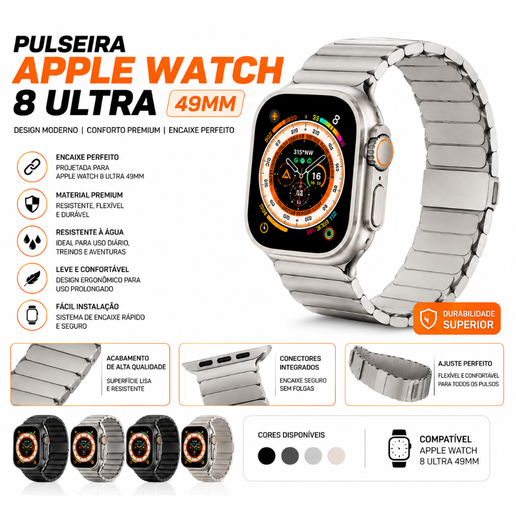 Pulseira de aço inoxidável de luxo para Apple Watch Series 9 8 7 45mm 49mm Link Iwatch Ultra 2 49mm