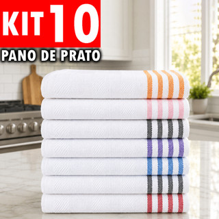 Kit 10 Panos De Prato Listrado Cozinha Algodão Macio Pano De Copa Premium