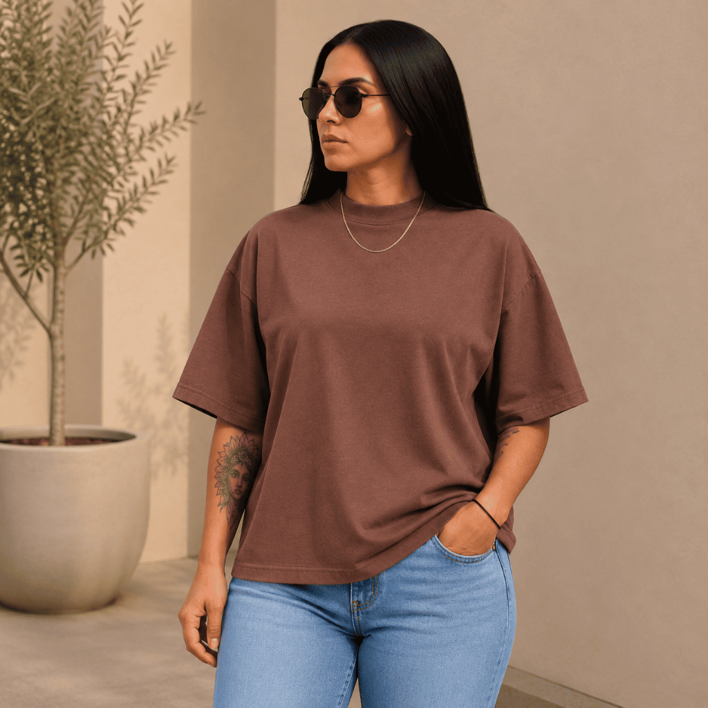 Camiseta Feminina T-Shirt Boxy Manga Oversized Gola Alta 100% Algodão Moda Blogueira Estilosa Premium