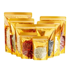 Kit 50/100 Sacos Dourados de Alumínio para Alimentos, Embalagem com Zíper Autoselante e Base para Chá, Doces e Lanches