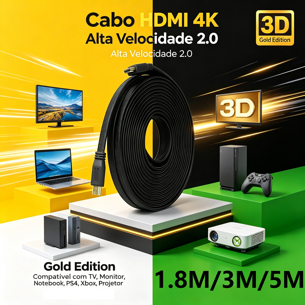 Cabo HDMI 2.0 4K Ultra HD Alta Velocidade 1,8m 3m 5m para Smart TV Monitor Notebook PS4 Xbox Projetor