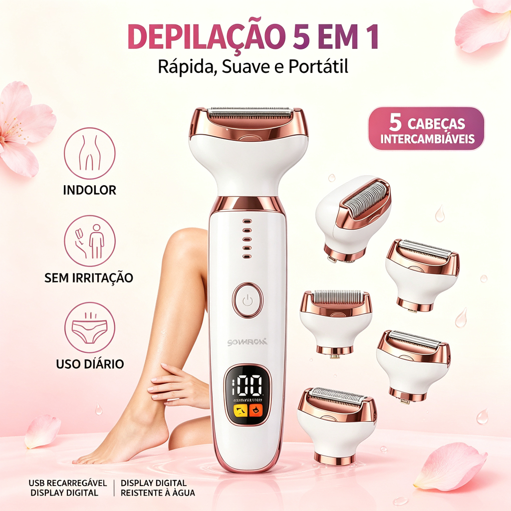 Depilador Elétrico Feminino 5 em 1 Recarregável USB Display Digital Aparador Para Corpo Virilha Axilas Pernas Rosto