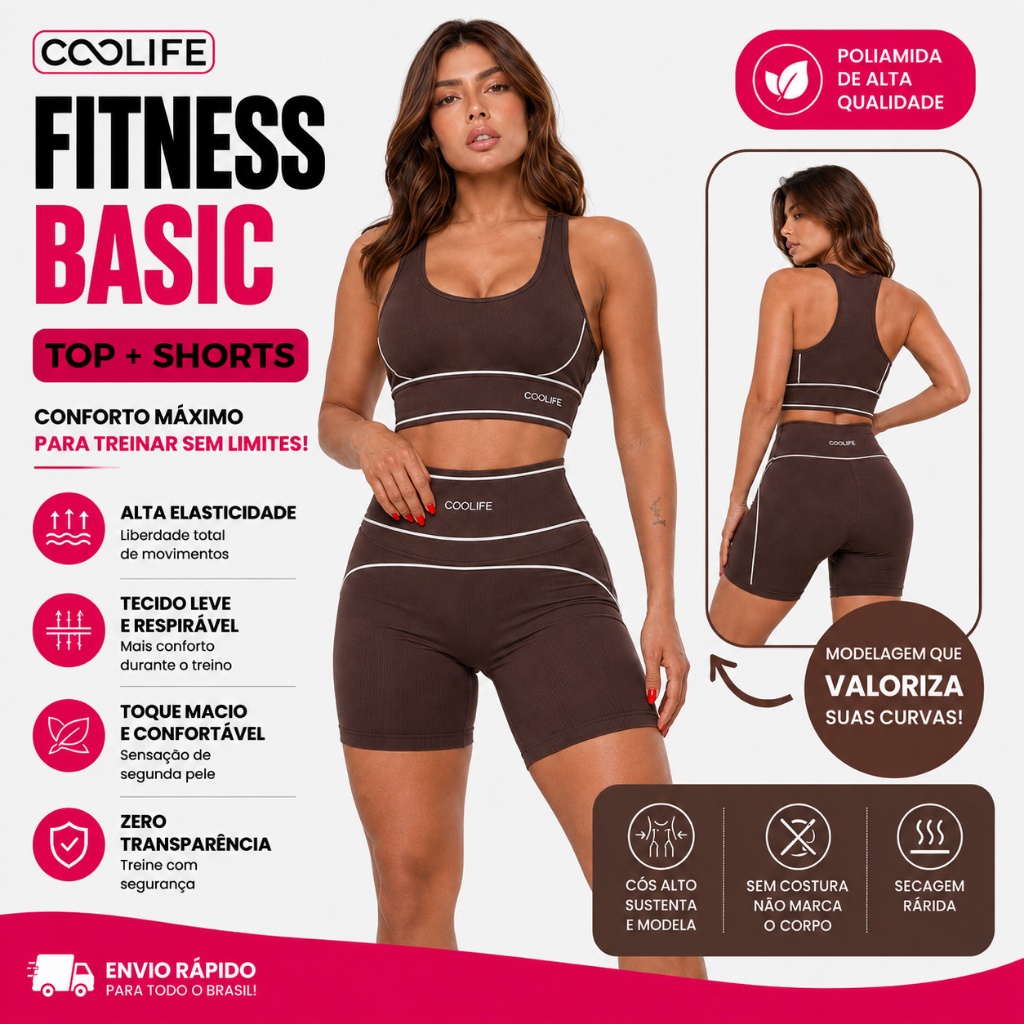 Conjunto Fitness Feminino Poliamida Top Nadador e Short Cintura Alta Marrom Café Sem Transparência