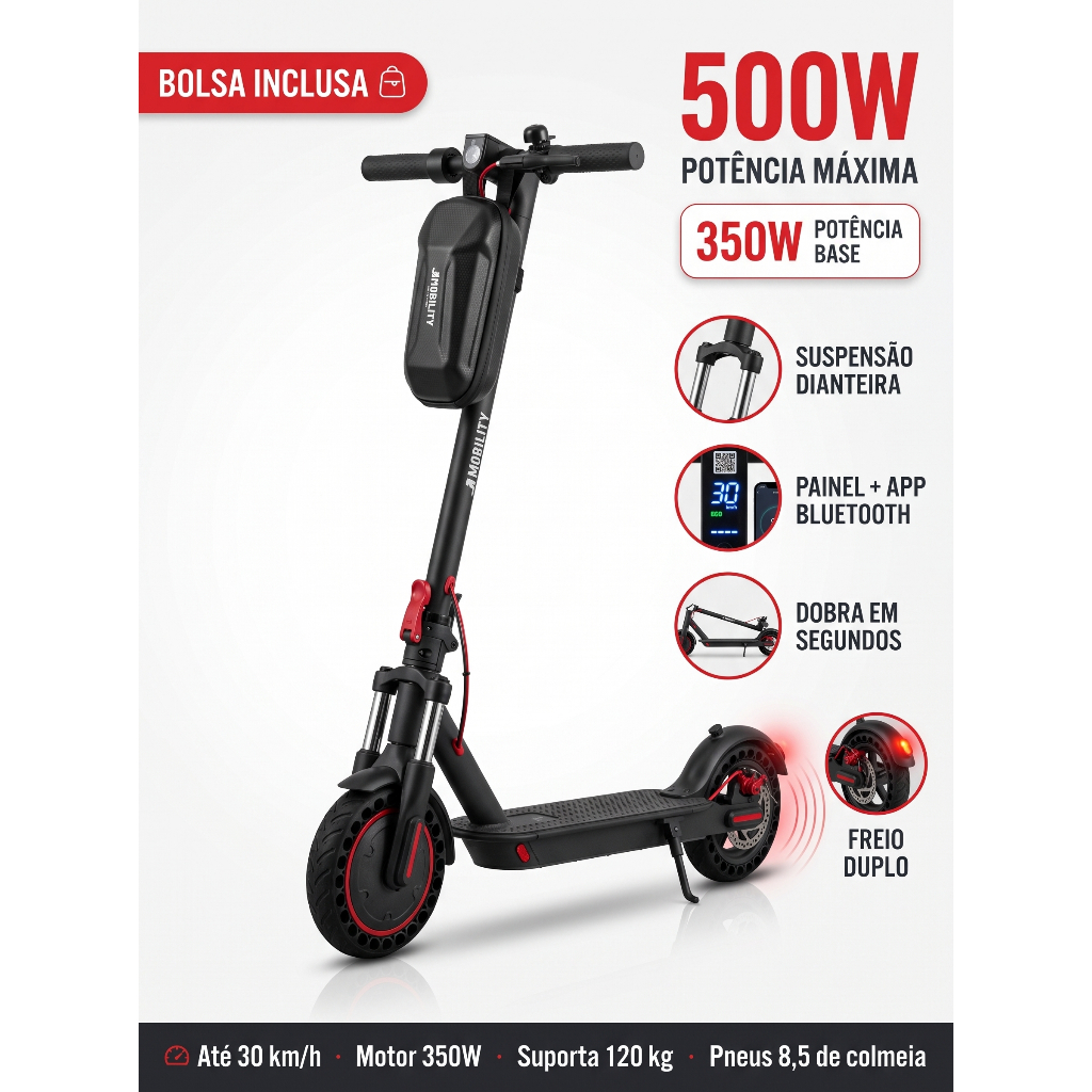 Patinete Eletrico dobravel com Amortecedor bivolt J1Mobility Passeio Potente 350W Recarregavel