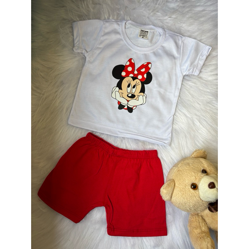 Conjunto Branco e Vermelho Bebê Menina Minnie Camiseta + Shorts Roupa Infantil Personagem Feminino
