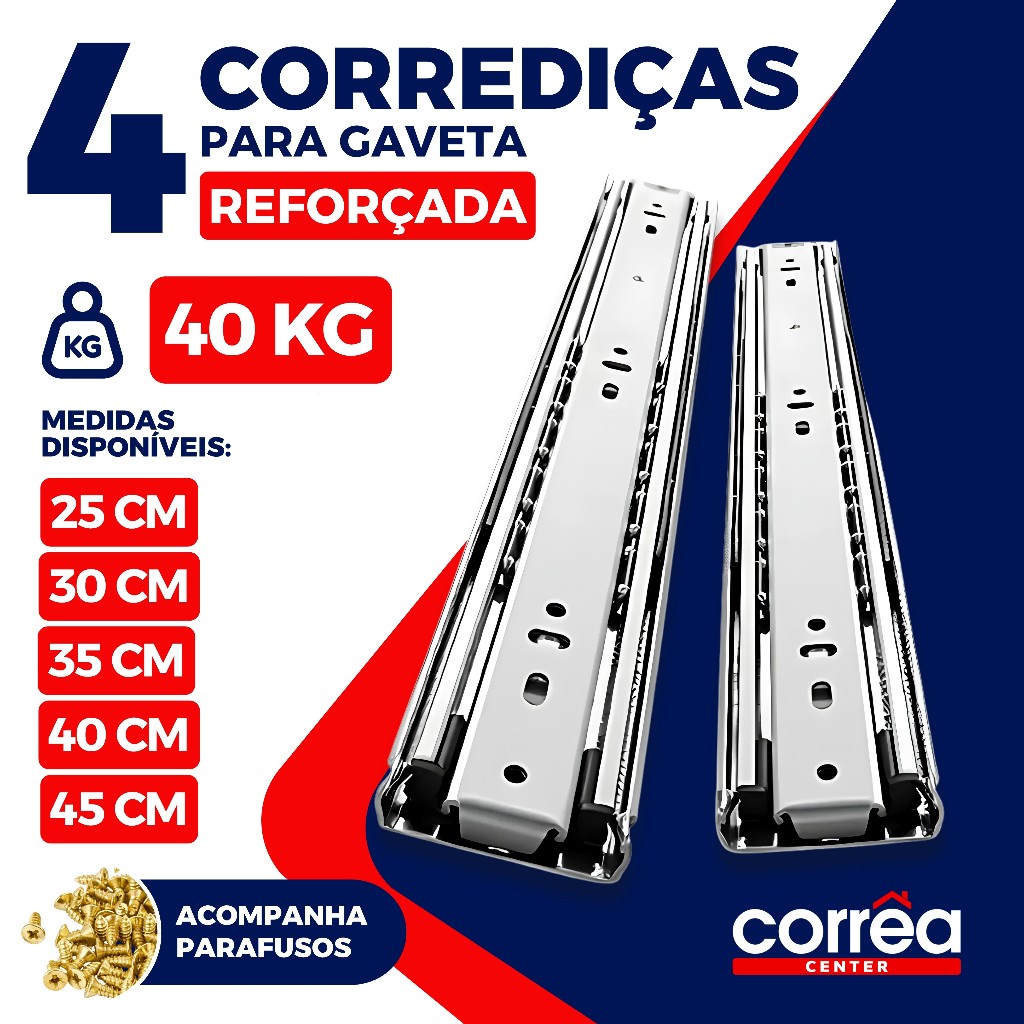 Corrediça Telescópica REFORÇADA 40KG Trilho Gaveta Aço 25 30 35 40 45cm Armário Cozinha Móveis 4 Unidades