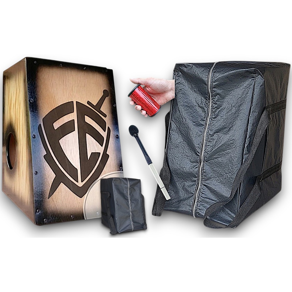 Cajón Elétrico Escudo Fé Especial + Chocalho de pé + Baqueta/Vassoura + Capa De Transporte