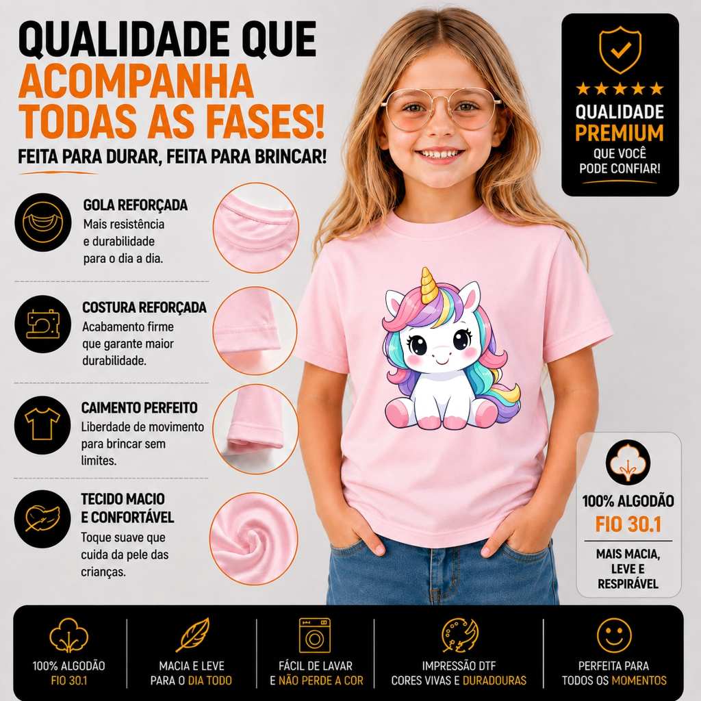Camiseta Infantil Menina Estampada Unicórnio Algodão 100% Premium Blusa Confortável Gola Reforçada — imagem 2 de 2