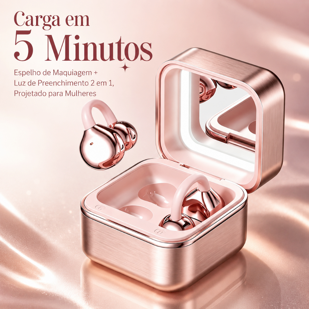 Fone de Ouvido Bluetooth Sem Fio Sport Headset, Controle por Toque, Com Espelho e Luz de Maquiagem, iOS e Windows OS.