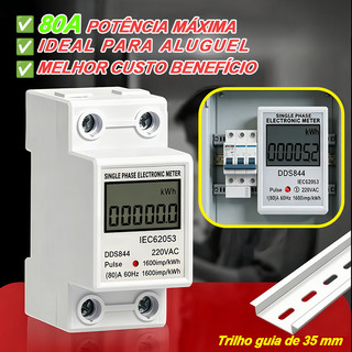 Medidor de Energia Monofásico 80A 220V Display LCD, Montagem em Trilho Din, Medição Precisa de Consumo kWh