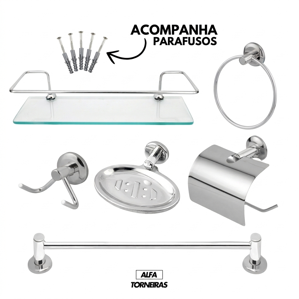 Kit Banheiro Acessórios 5 Peças + 1 Porta Shampoo Reto Inox Cromado Porta Toalhas Papeleira Saboneteira