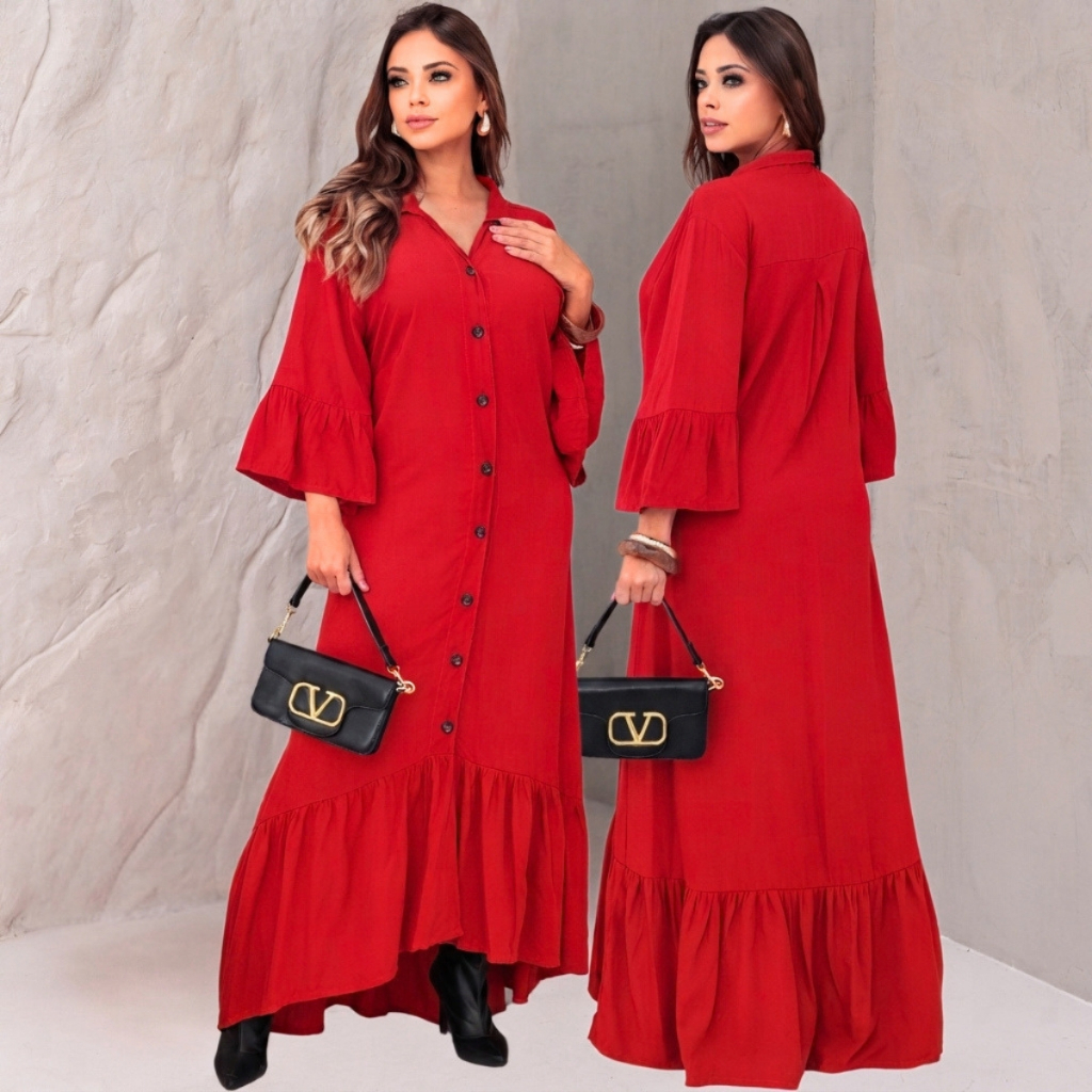 Vestido Feminino Longo  com Manga 3/4 Botões Frontais elegante e confortavel Outono/Inverno