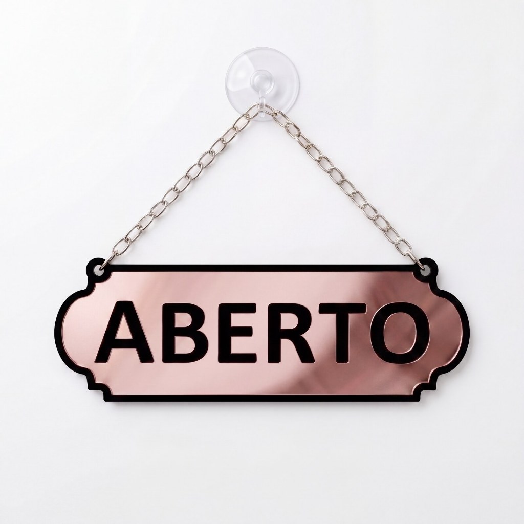 Placa Aberto Fechado em Acrílico Espelhado 25x8cm com ventosa