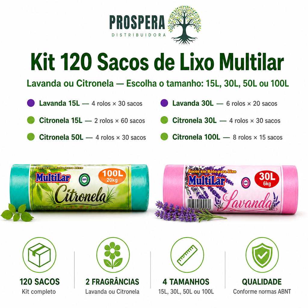 Saco de Lixo MULTILAR - Kit com 120 Unidades - Lavanda ou Citronela - ESCOLHA: 15L, 30L, 50L e 100L